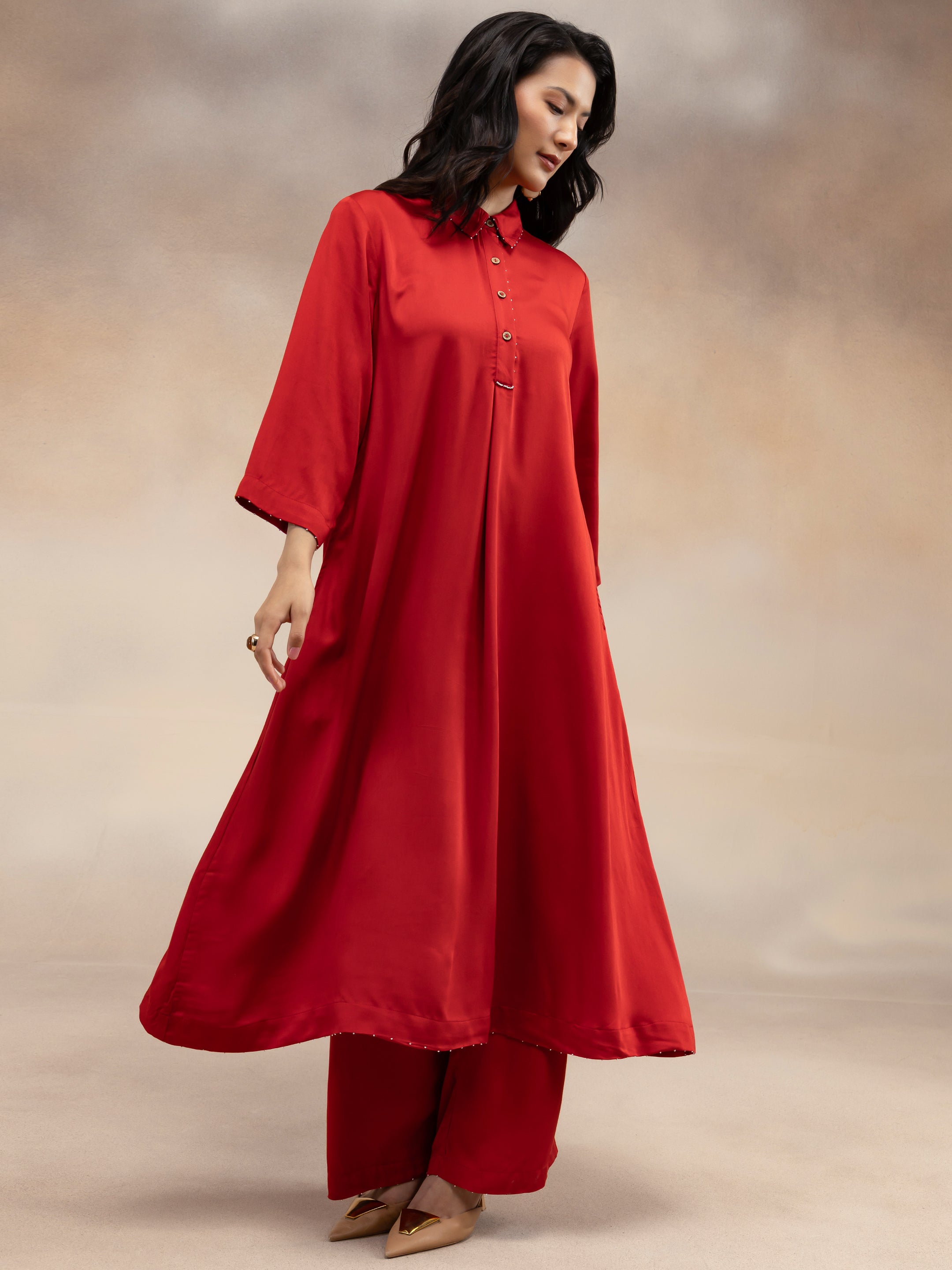 Women Red Modal Kurta Set with Bead Embellishment