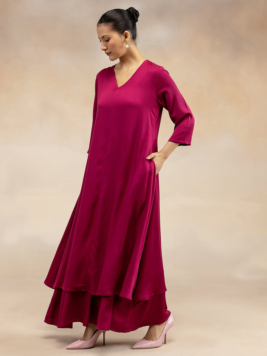 Women Magenta Pink Solid  Modal Layered Maxi Dress