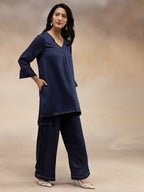 Women Navy Solid  Modal Contrast Stitch High-Low Co-Ord Set