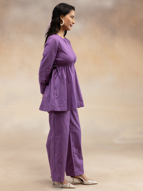 Women  Purple Solid Cotton Slub Gathered Tunic Co-Ord Set
