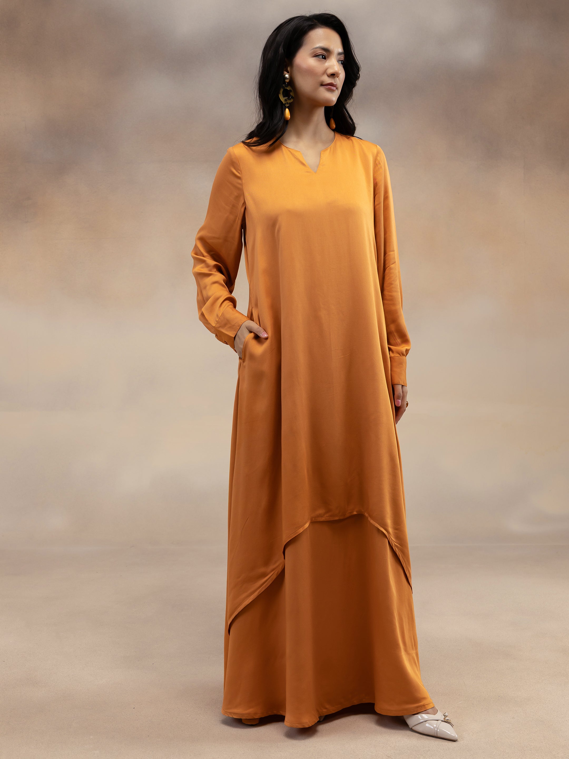 Women Rust Solid Modal Layered Maxi Dress