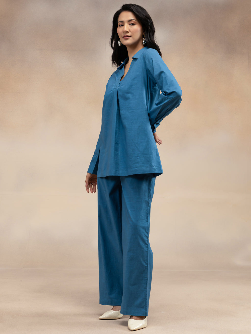 Women Slate Blue Solid Cotton Slub Kurta Co-Ord Set