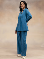 Women Slate Blue Solid Cotton Slub Kurta