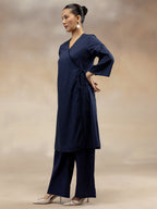 Women Navy Cotton Dobby Angrakha Kurta Set