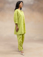 Women Lime Green Solid Cotton Slub Kurta Co-Ord Set