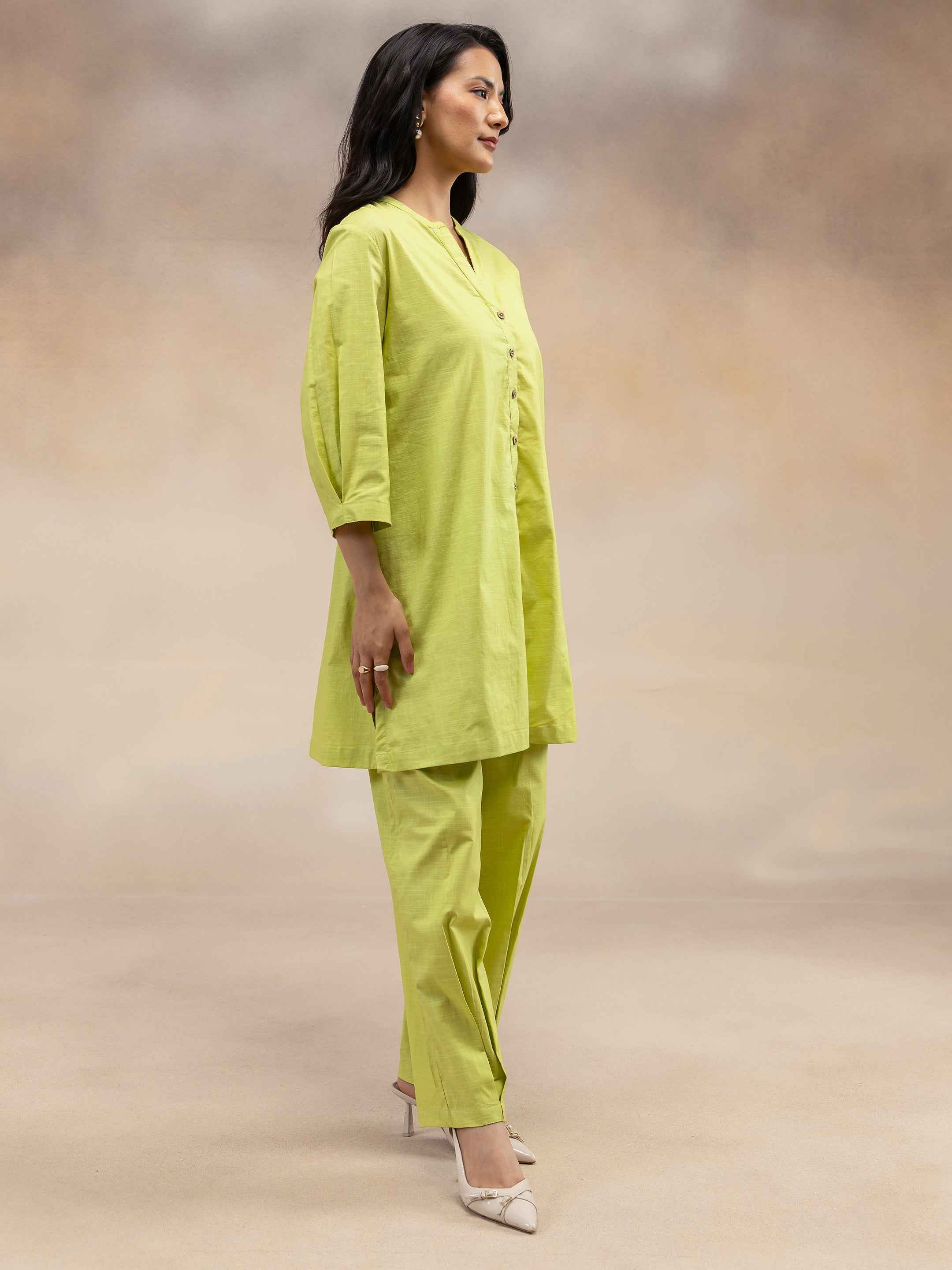Women Lime Green Solid Cotton Slub Kurta Co-Ord Set