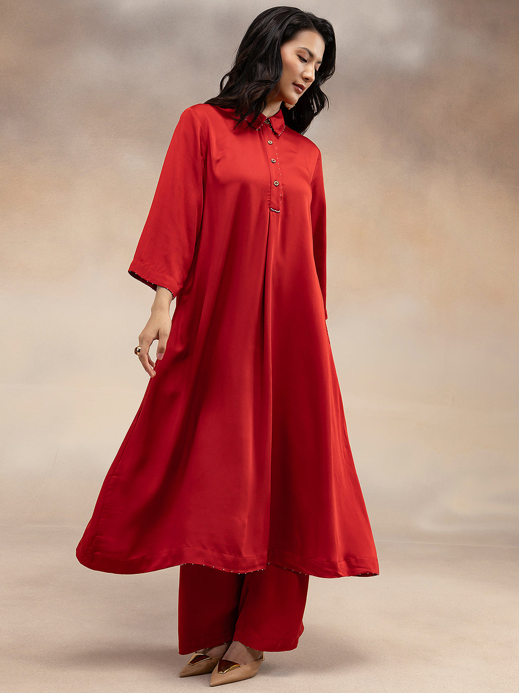 Women Red Modal Kurta with Bead Embellishment