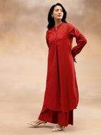 Women Red Cotton Slub Pleated Kurta