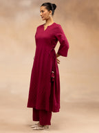 Women Magenta Cotton Dobby Kurta with Waist Tie-Up