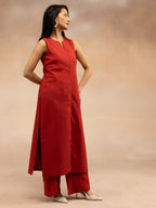 Women Red Cotton Slub Straight Kurta Set