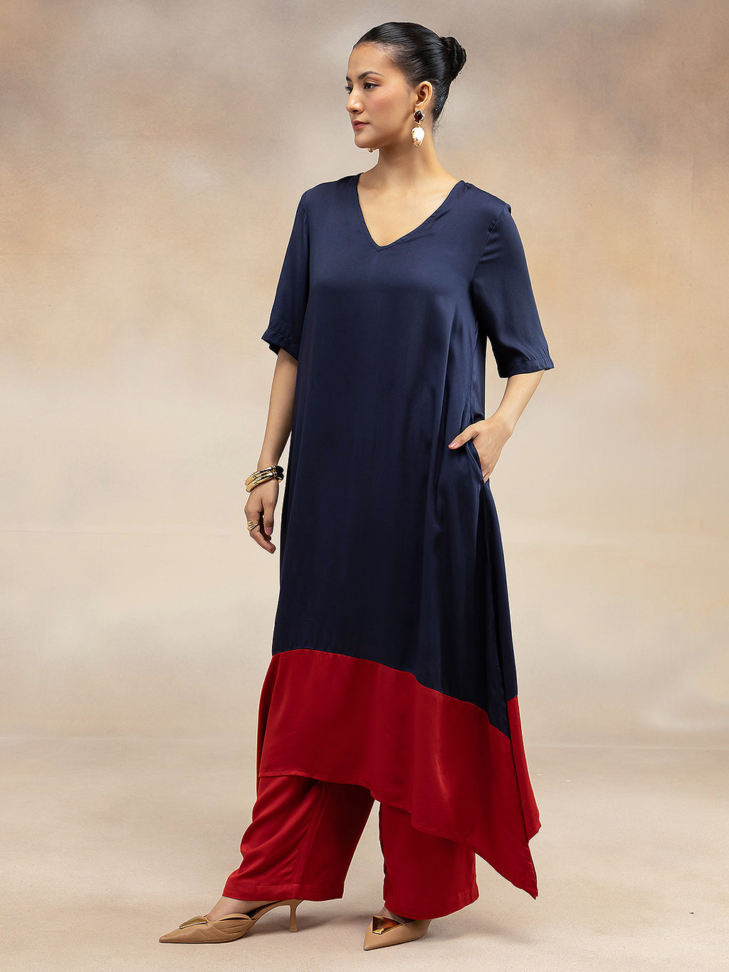 Navy Luxe Colorblock A-Line Kurta
