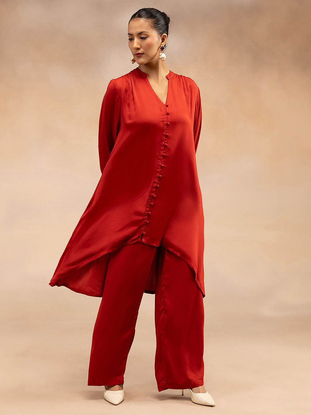 Women Red Modal Asymmetric Hem Kurta