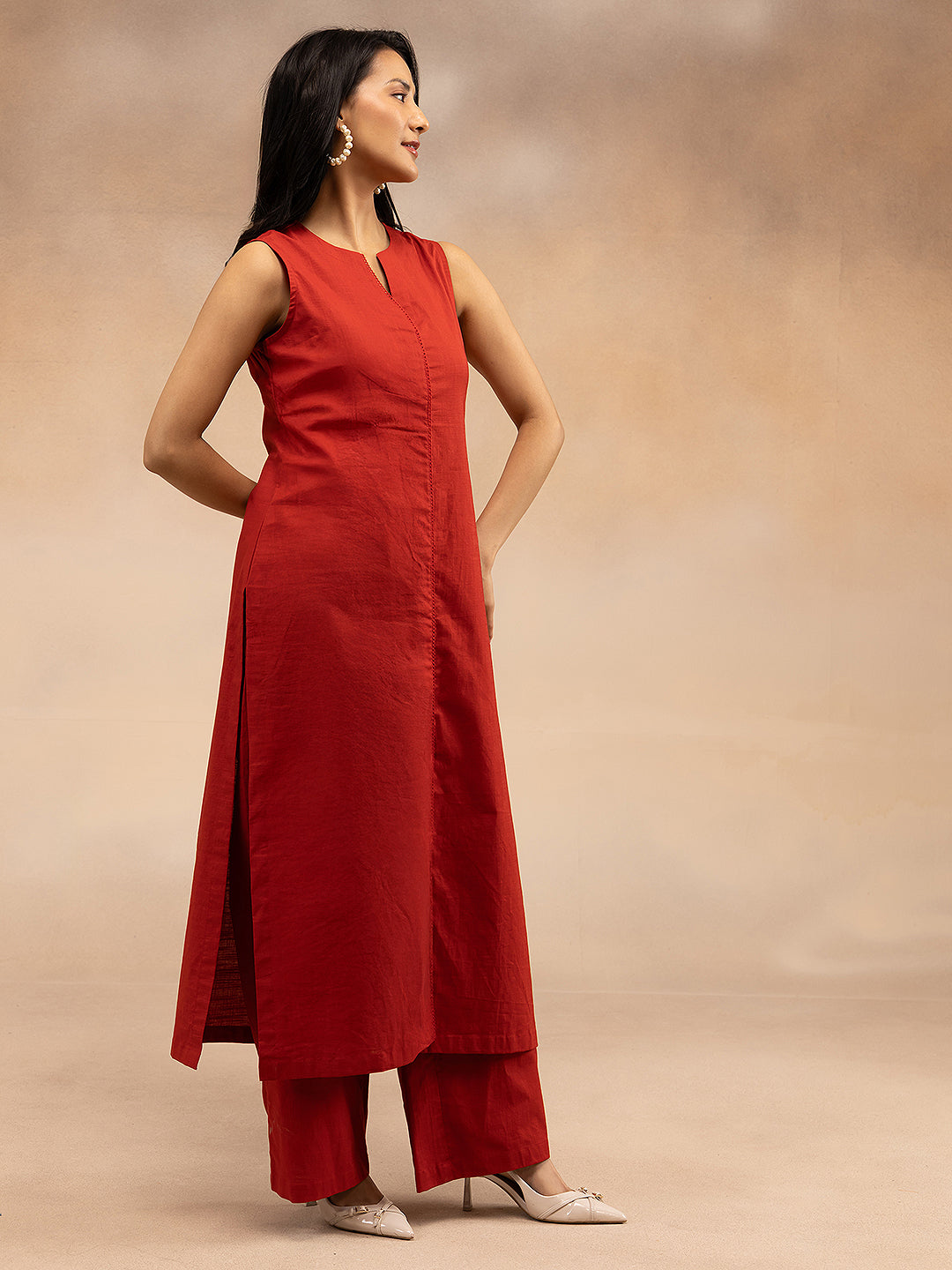 Women Red Cotton Slub Straight Kurta