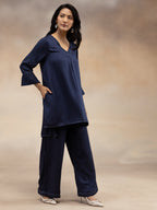 Women Navy Solid  Modal Contrast Stitch High-Low Co-Ord Set