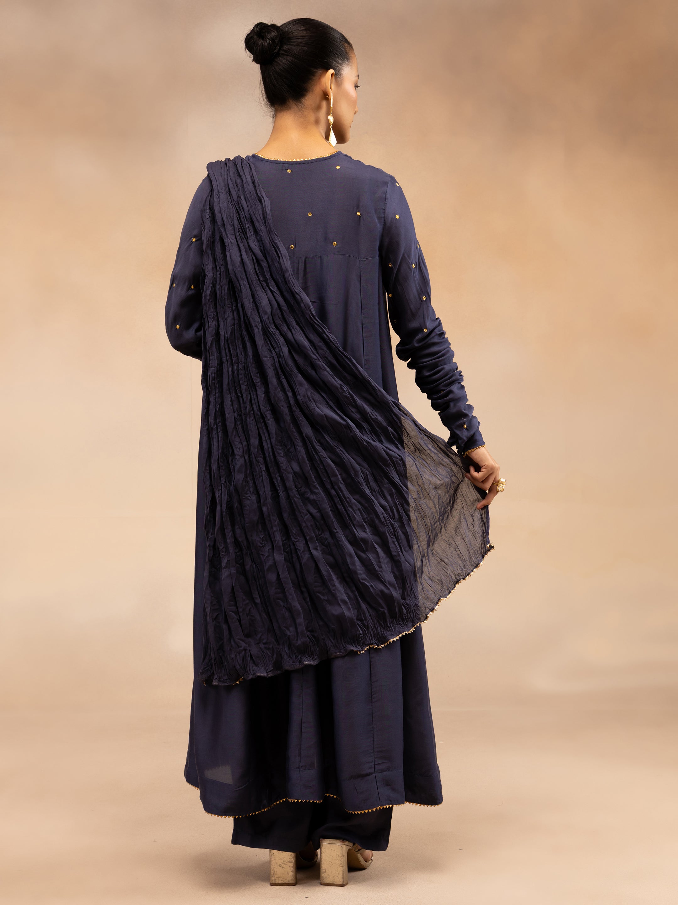Women Navy Solid Zari Embroidered Anarkali Dress with Crushed Dupatta
