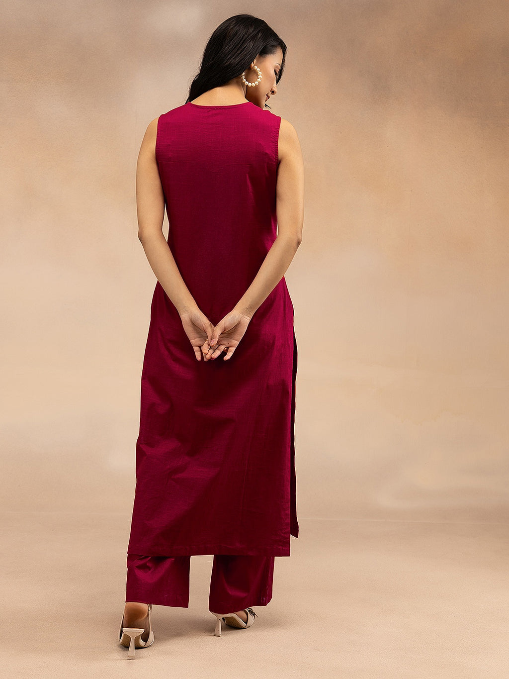 Women Magenta Pink Cotton Slub Straight Kurta