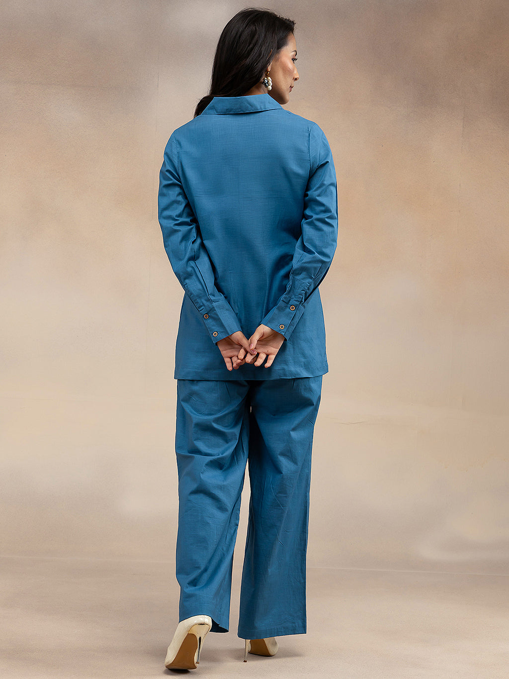 Women Slate Blue Solid Cotton Slub Kurta