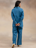 Women Slate Blue Solid Cotton Slub Kurta
