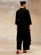 Women Black Contrast-Trim Cotton Slub Kurta Set
