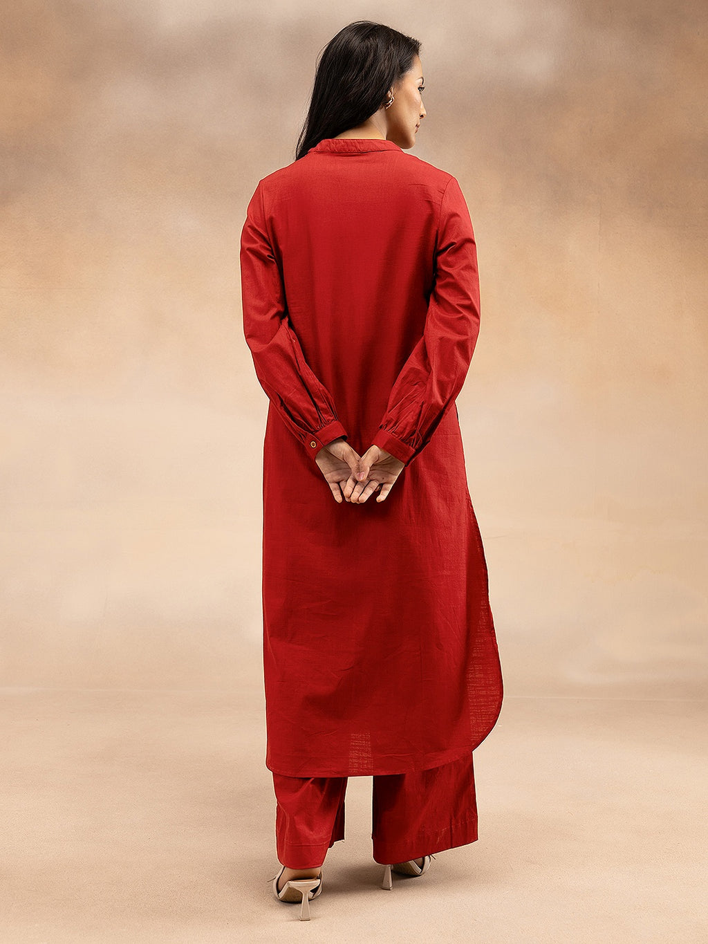 Women Red Cotton Slub Pleated Kurta Set with Wide-Leg Palazzo Pants