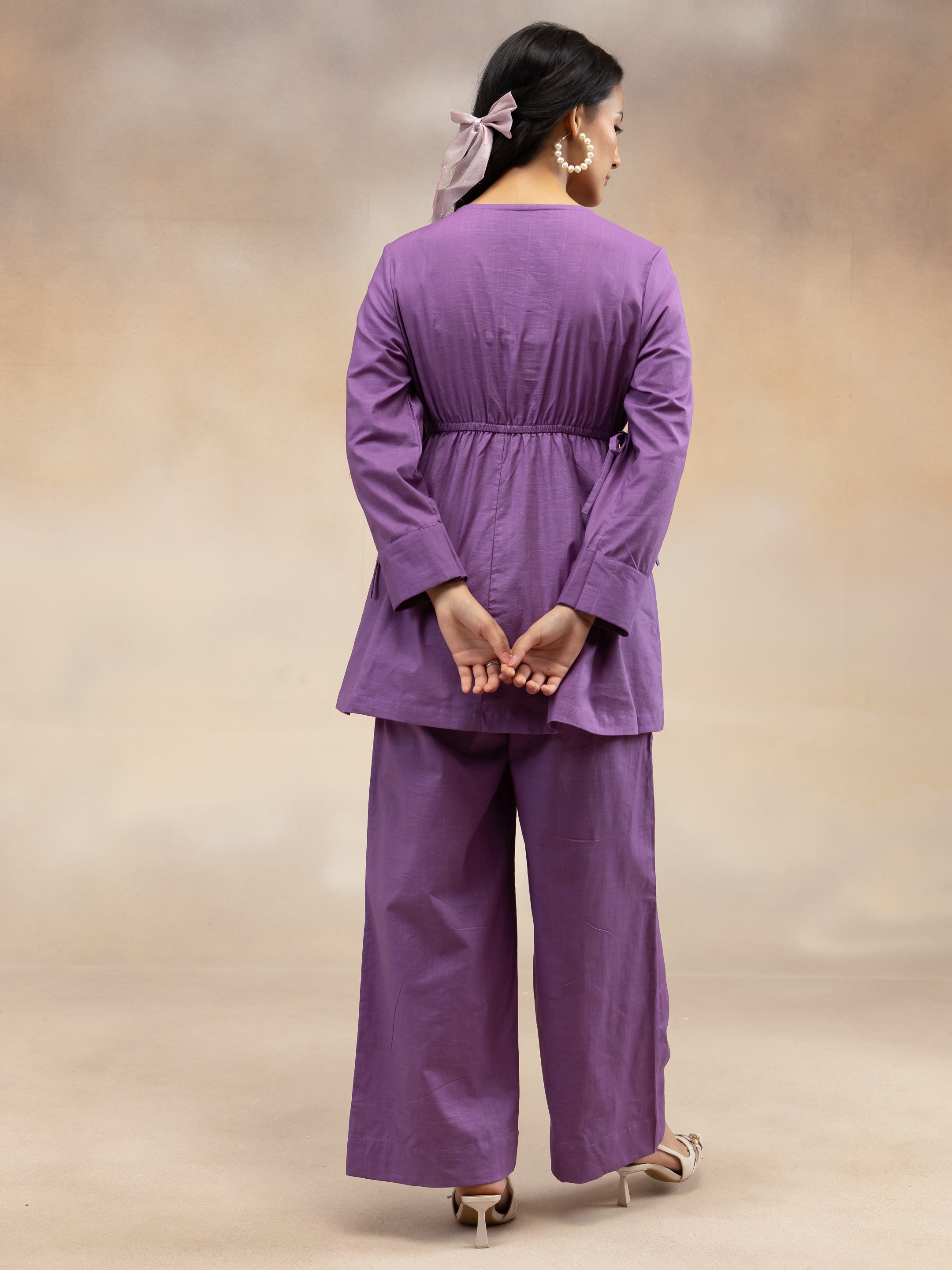 Women  Purple Solid Cotton Slub Gathered Tunic Co-Ord Set
