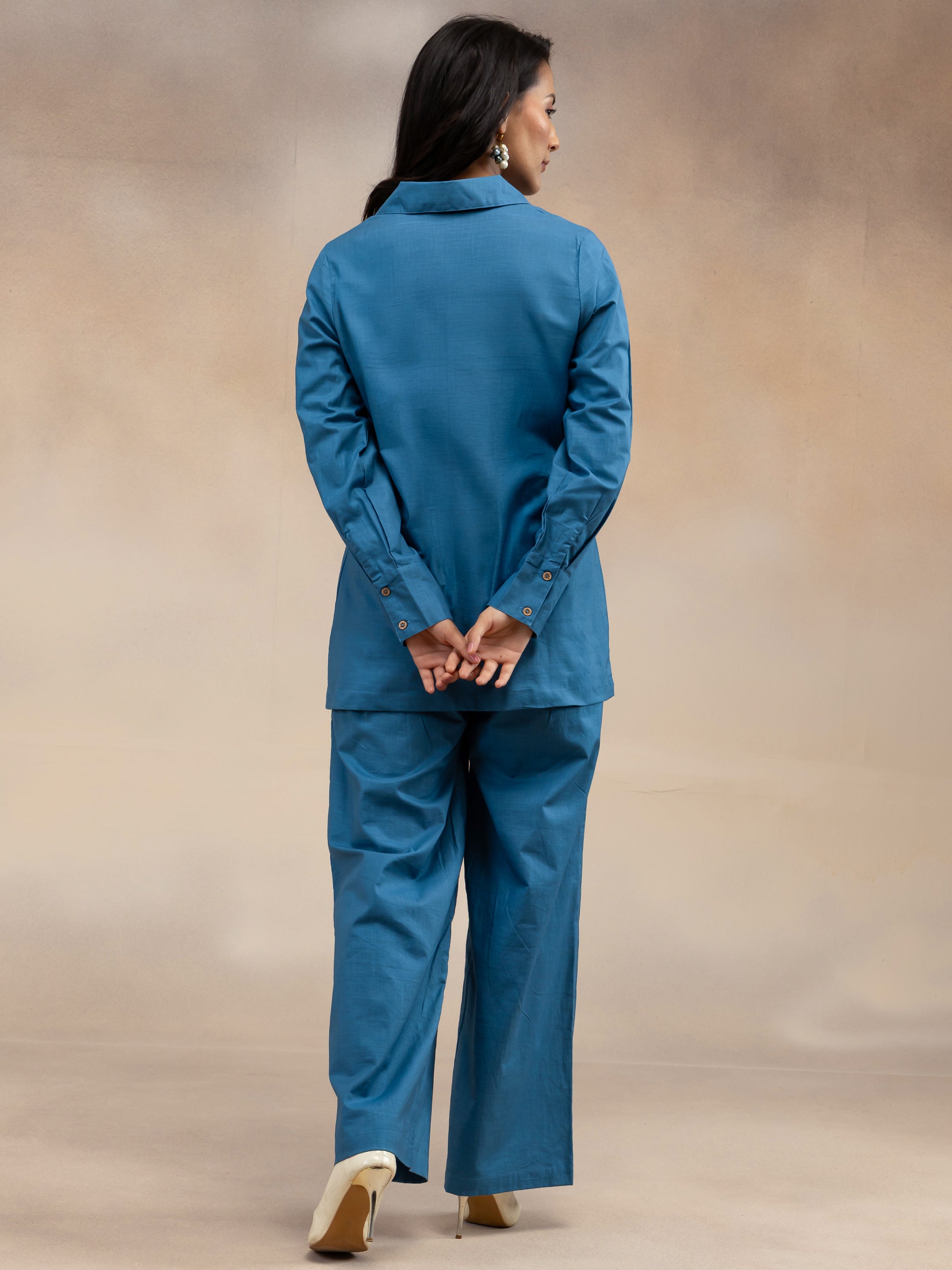 Women Slate Blue Solid Cotton Slub Kurta Co-Ord Set