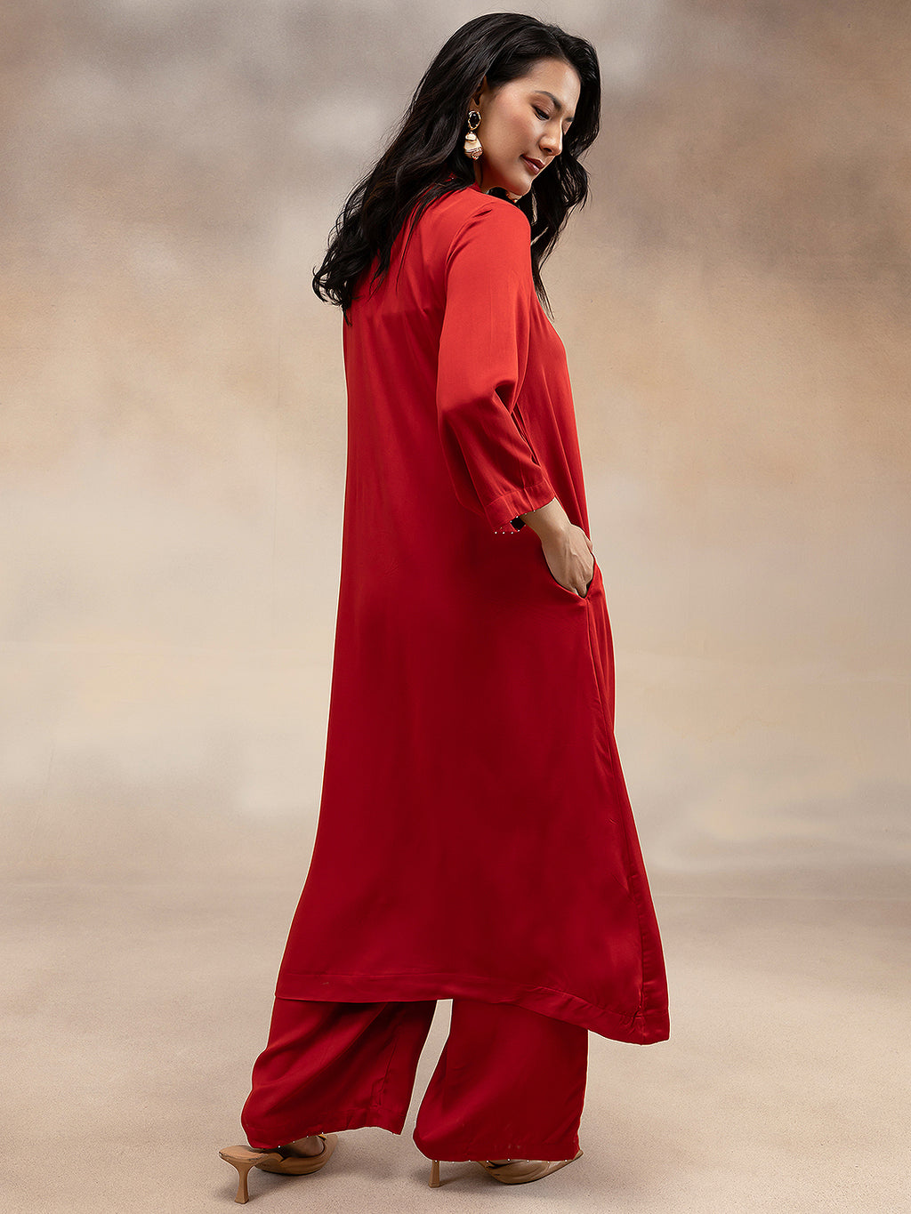 Women Red Modal Kurta with Bead Embellishment