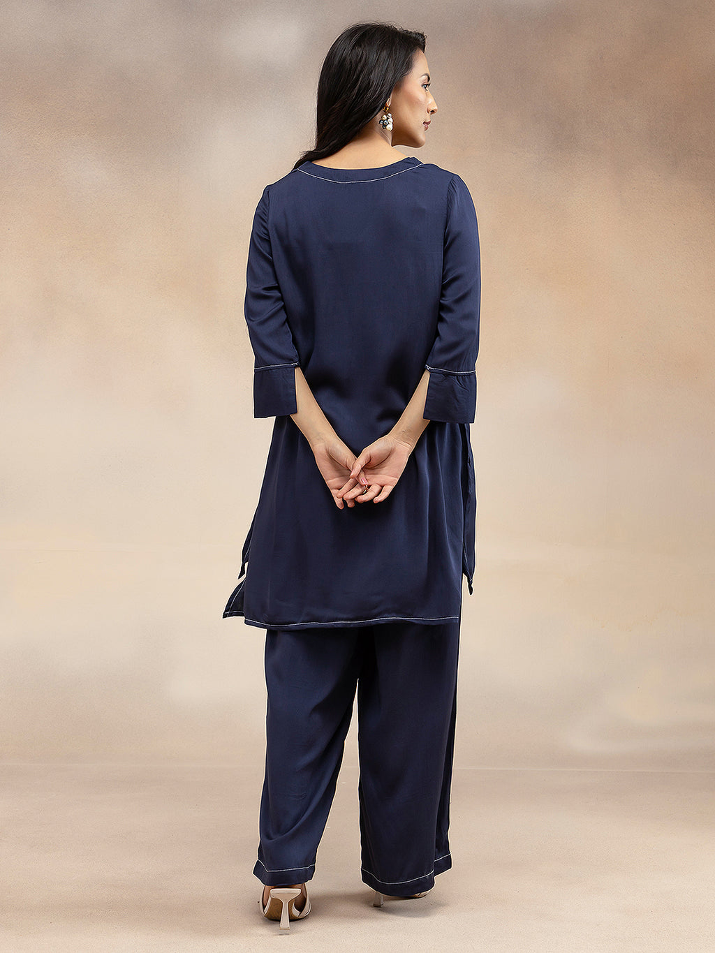 Women Navy Solid Modal Contrast Stitch High-Low₹
