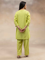 Women Lime Green Solid Cotton Slub Kurta Co-Ord Set
