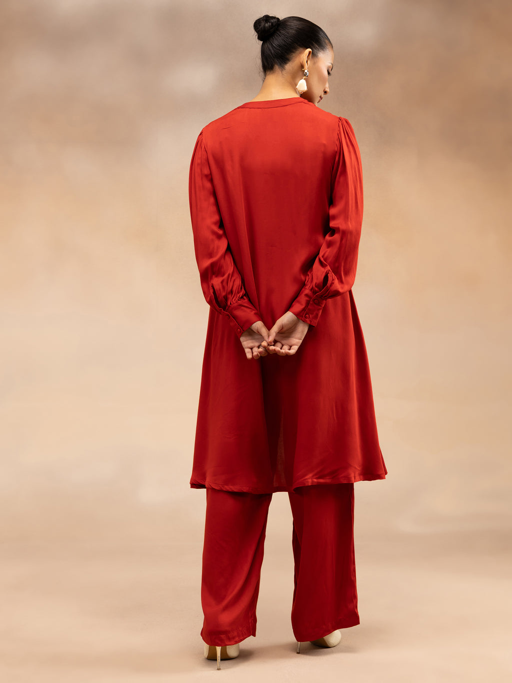 Women Red Modal Asymmetric Hem Kurta Set