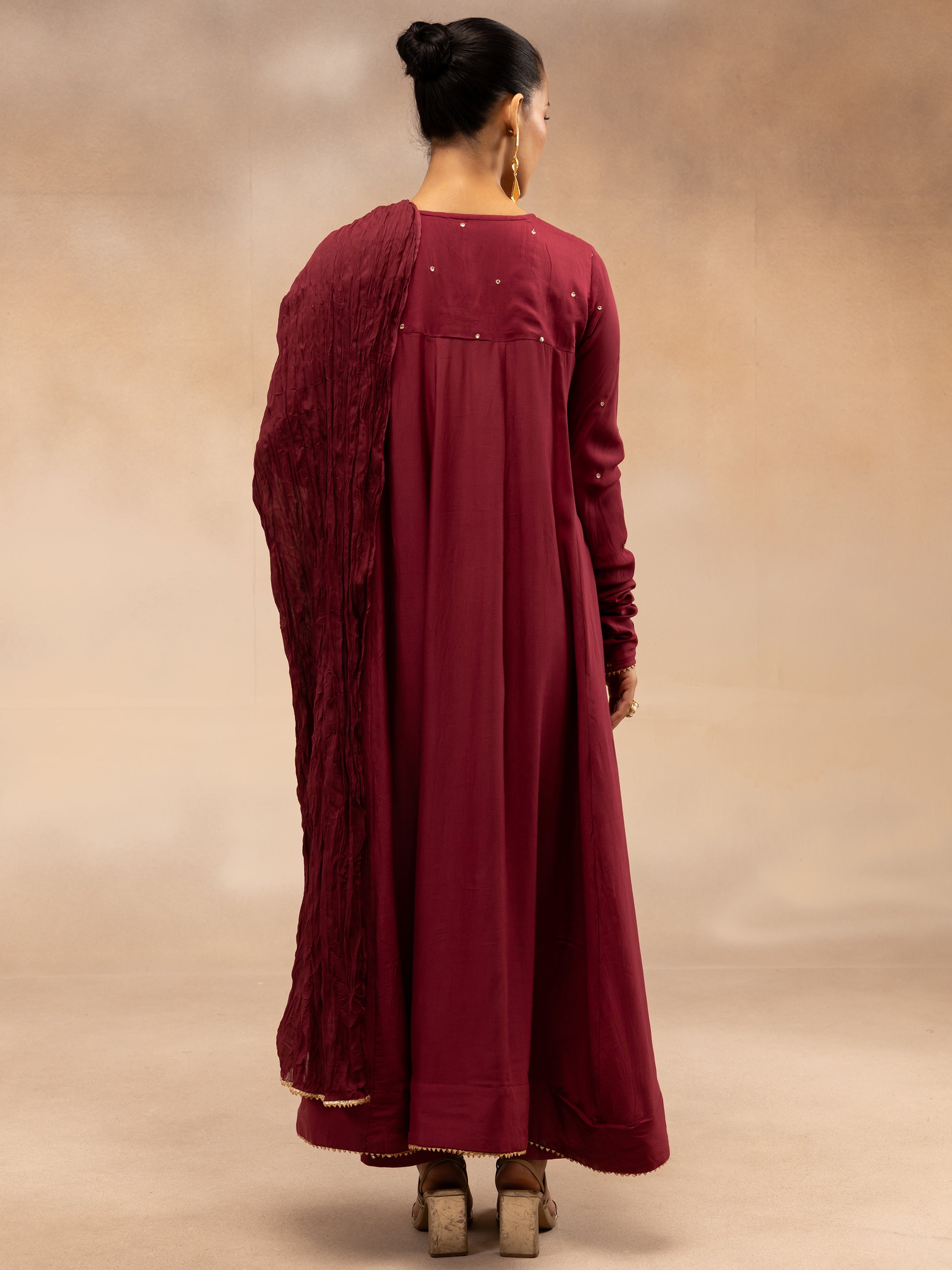 Women Maroon Solid Zari Embroidered Anarkali Dress with Crushed Dupatta
