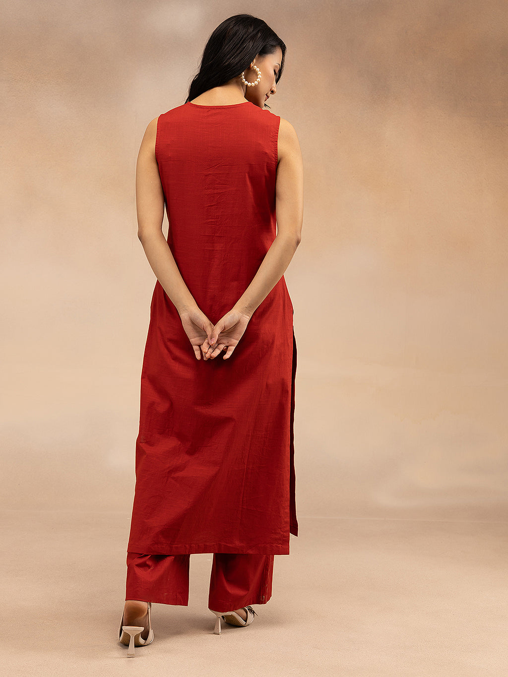 Women Red Cotton Slub Straight Kurta