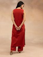 Women Red Cotton Slub Straight Kurta