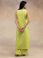 Women Pear Green Cotton Slub Straight Kurta Set