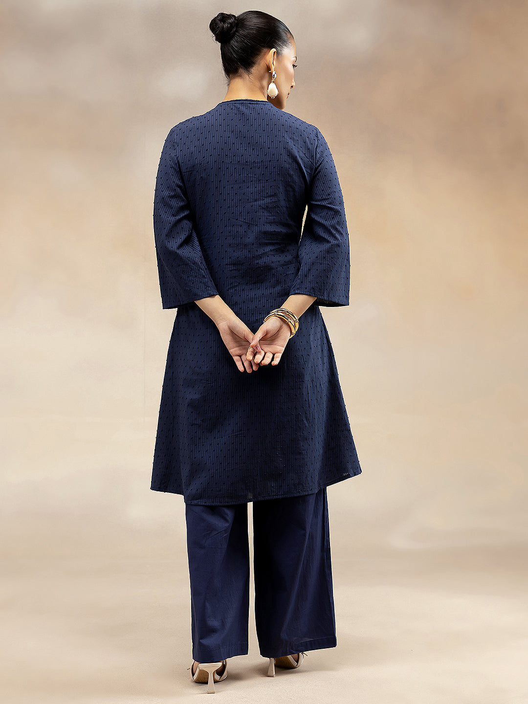 Women Navy Cotton Dobby Angrakha Kurta