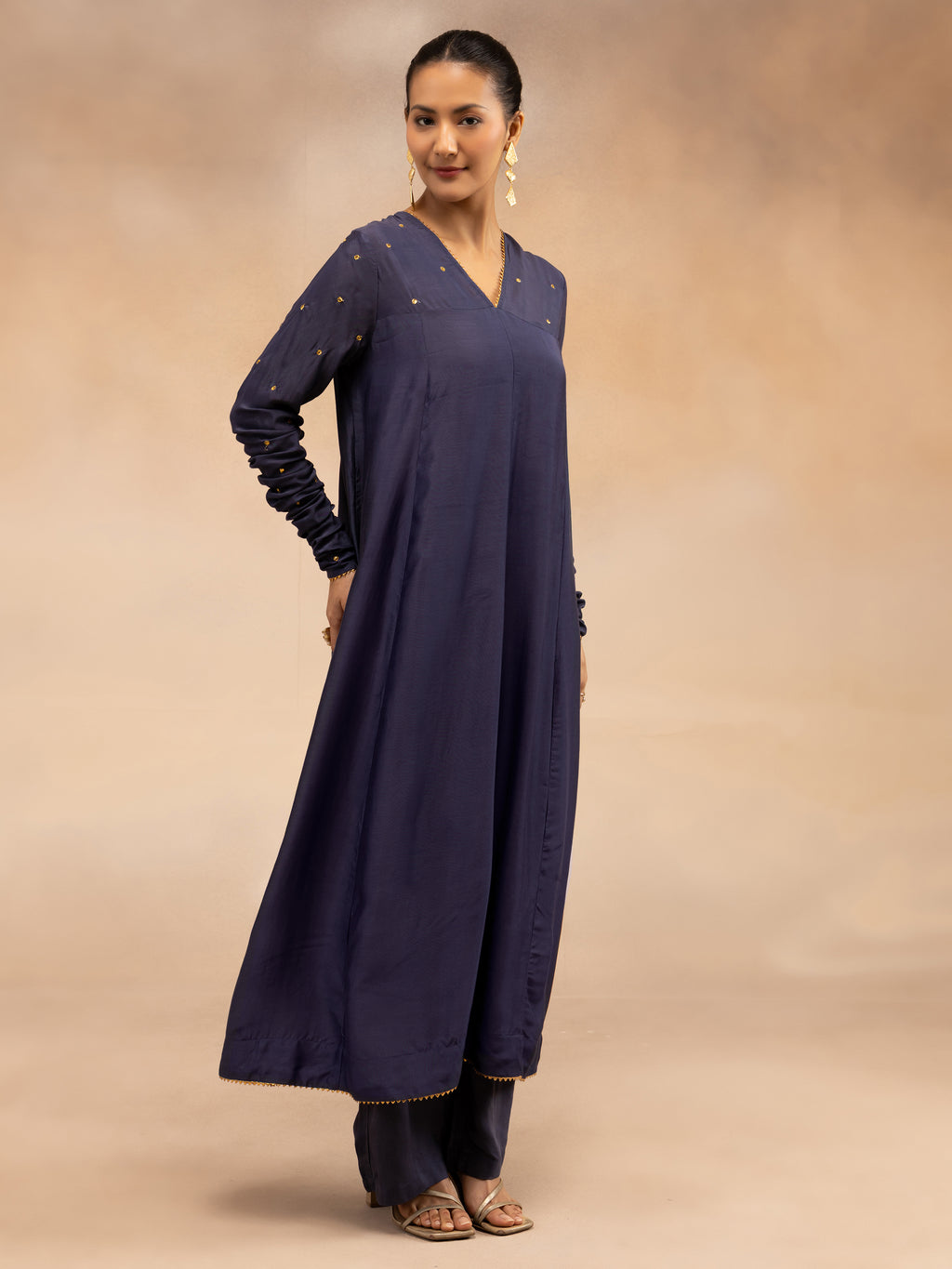 Women Navy Solid Zari Embroidered Anarkali Dress with Crushed Dupatta