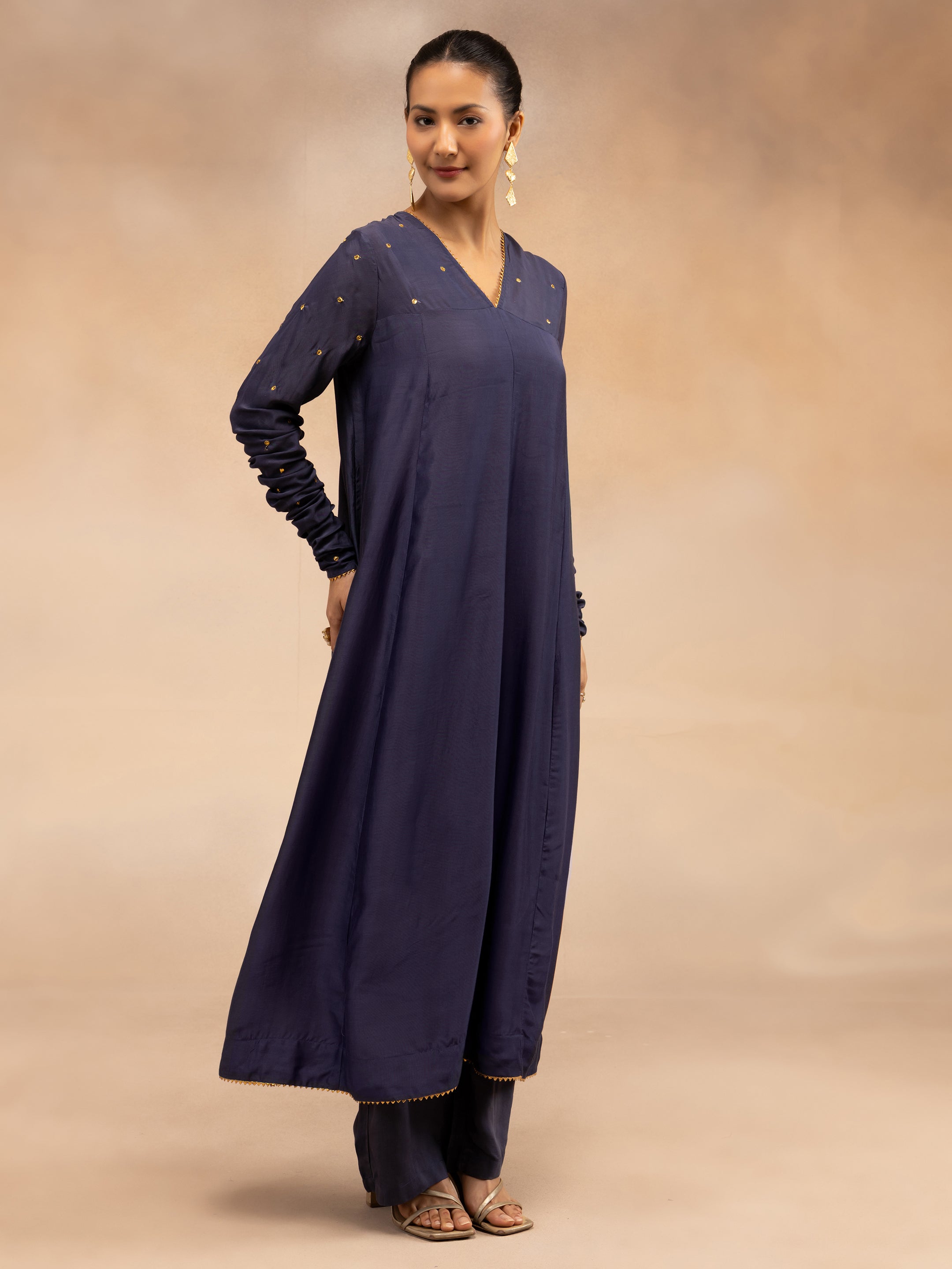 Women Navy Solid Zari Embroidered Anarkali Dress with Crushed Dupatta
