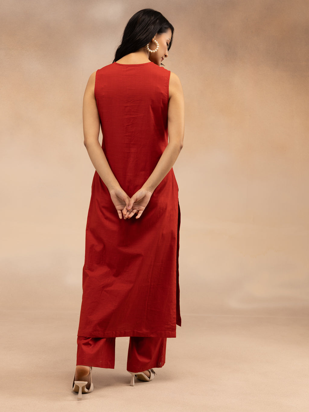 Women Red Cotton Slub Straight Kurta Set