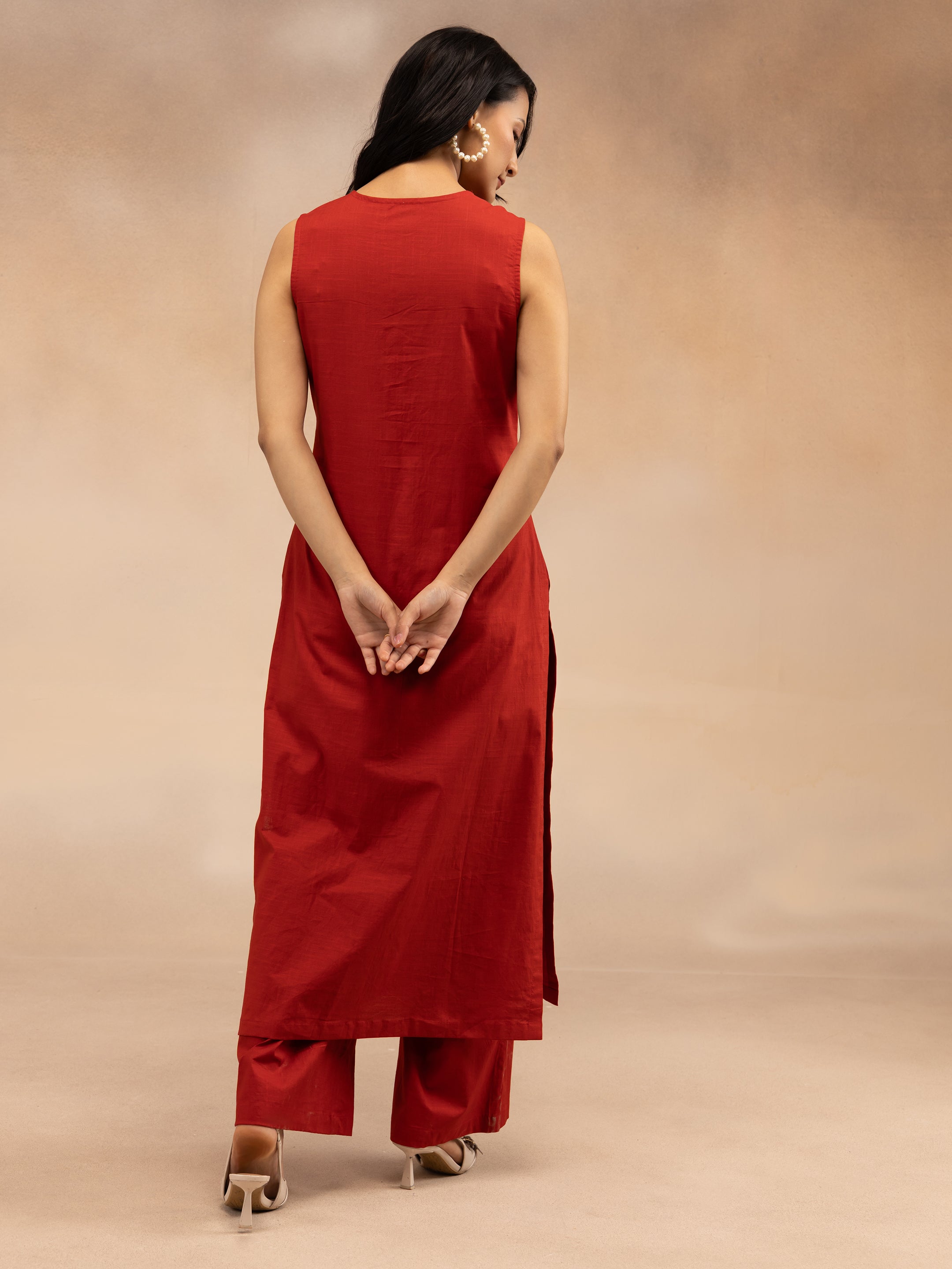 Women Red Cotton Slub Straight Kurta Set