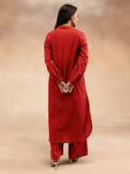 Women Red Cotton Slub Pleated Kurta