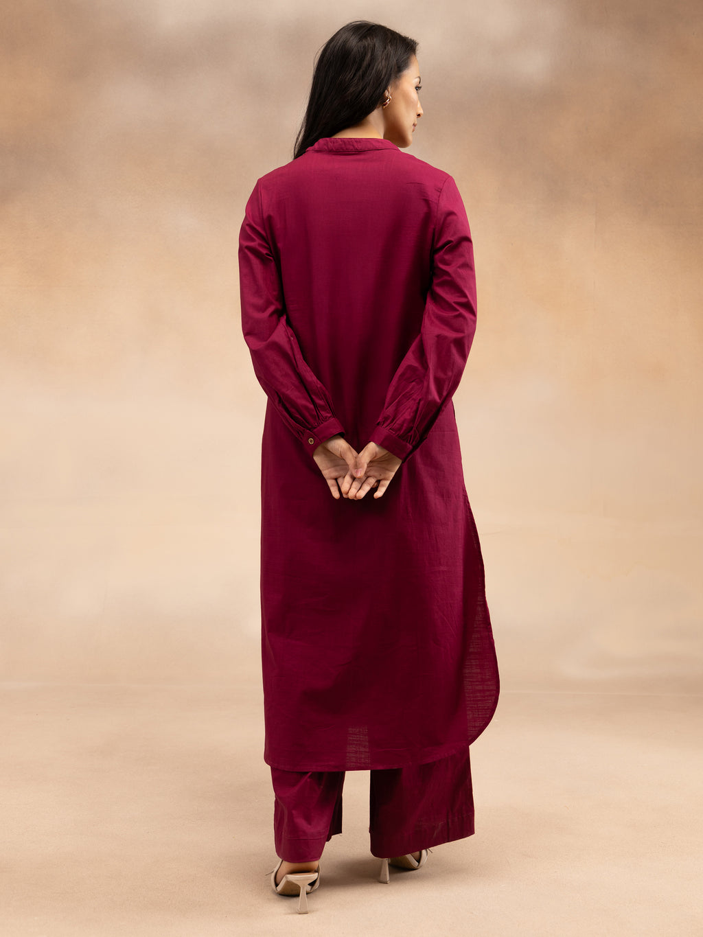 Women Magenta Cotton Slub Pleated Kurta Set with Wide-Leg Palazzo Pants