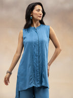 Blue Solid Sleeveless Kurta & Wide-Leg Palazzos Co-ord Set