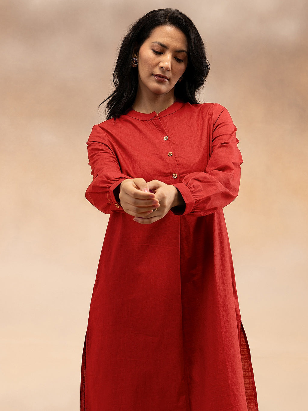 Women Red Cotton Slub Pleated Kurta
