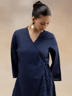 Women Navy Cotton Dobby Angrakha Kurta Set