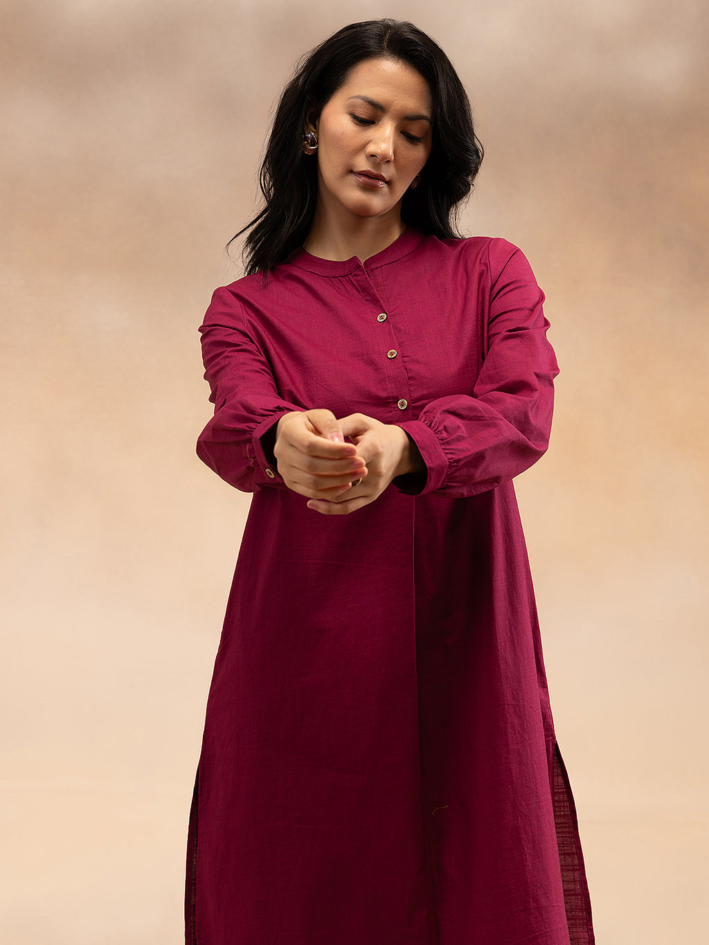 Women Magenta Cotton Slub Pleated Kurta