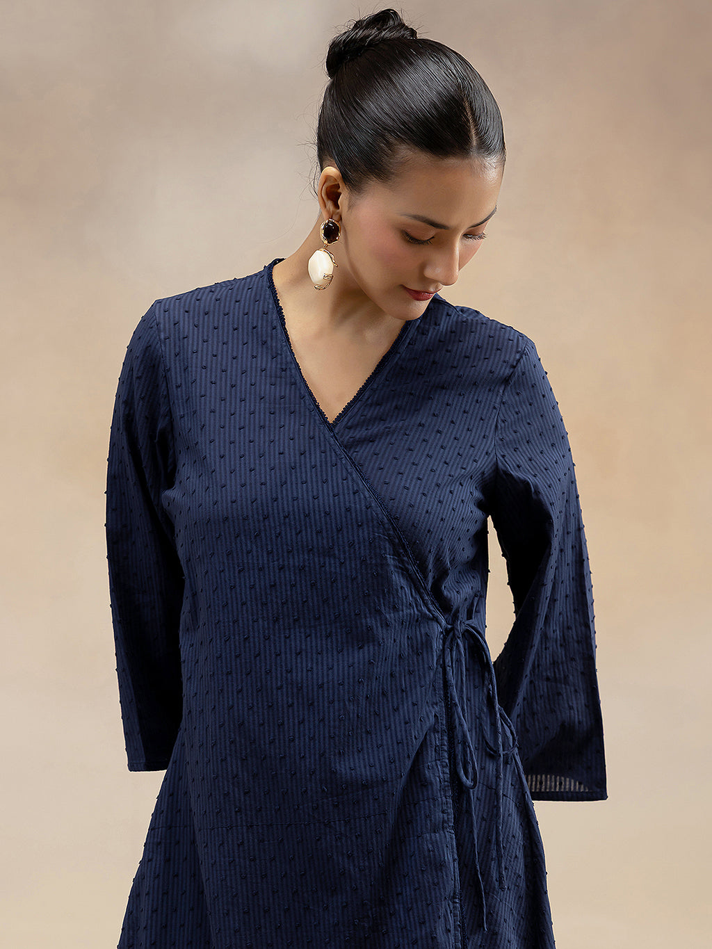 Women Navy Cotton Dobby Angrakha Kurta