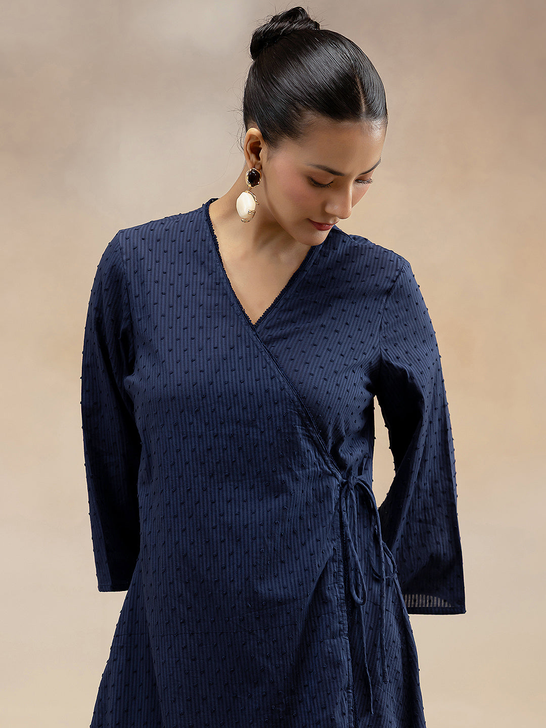 Women Navy Cotton Dobby Angrakha Kurta