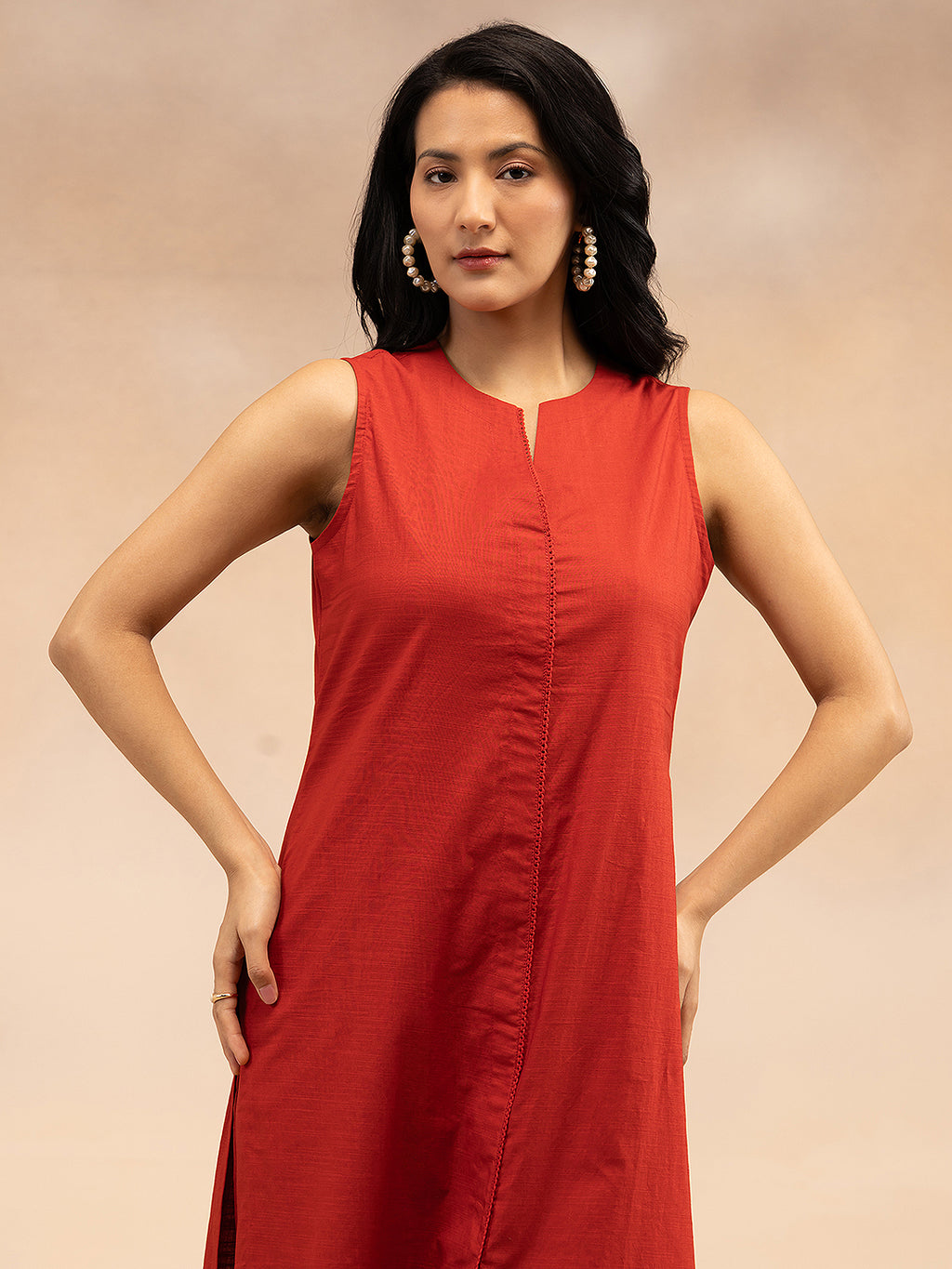 Women Red Cotton Slub Straight Kurta