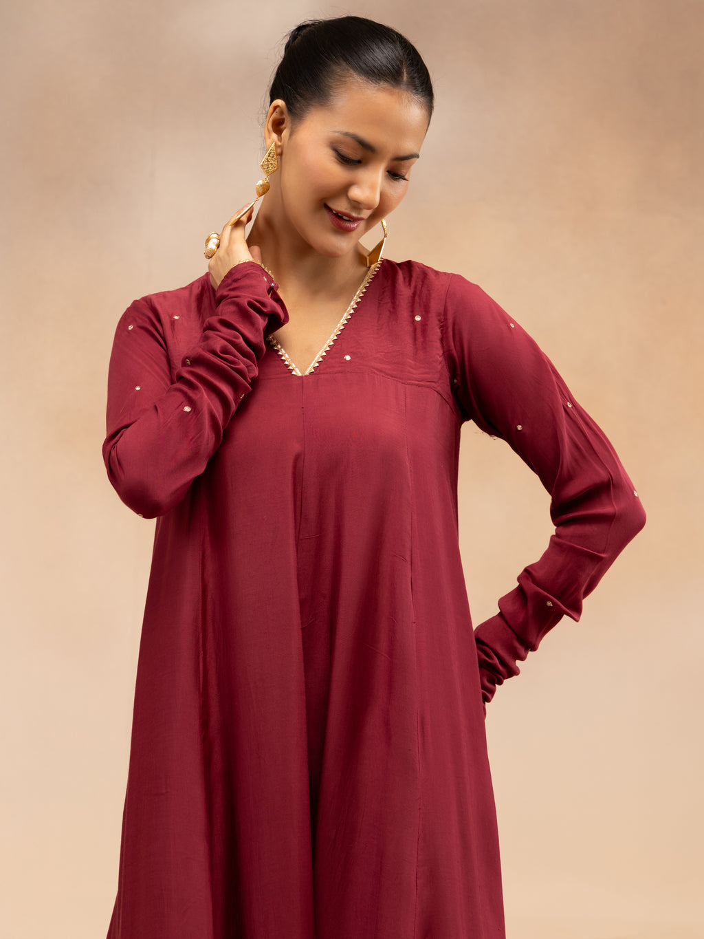 Women Maroon Solid Zari Embroidered Anarkali Dress with Crushed Dupatta