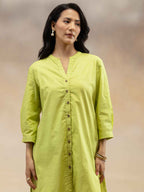 Women Lime Green Solid Cotton Slub Kurta Co-Ord Set